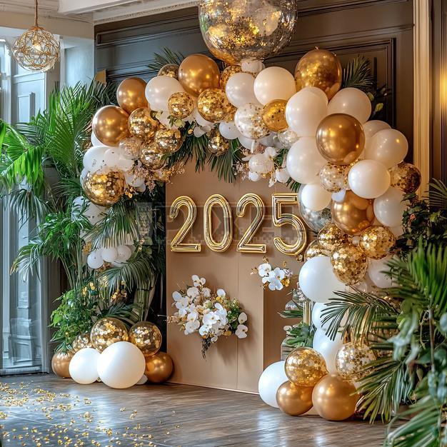 Glamorous '2025' Balloon Arch with Gold and White for an Entrance — Gold New Years Eve Decor