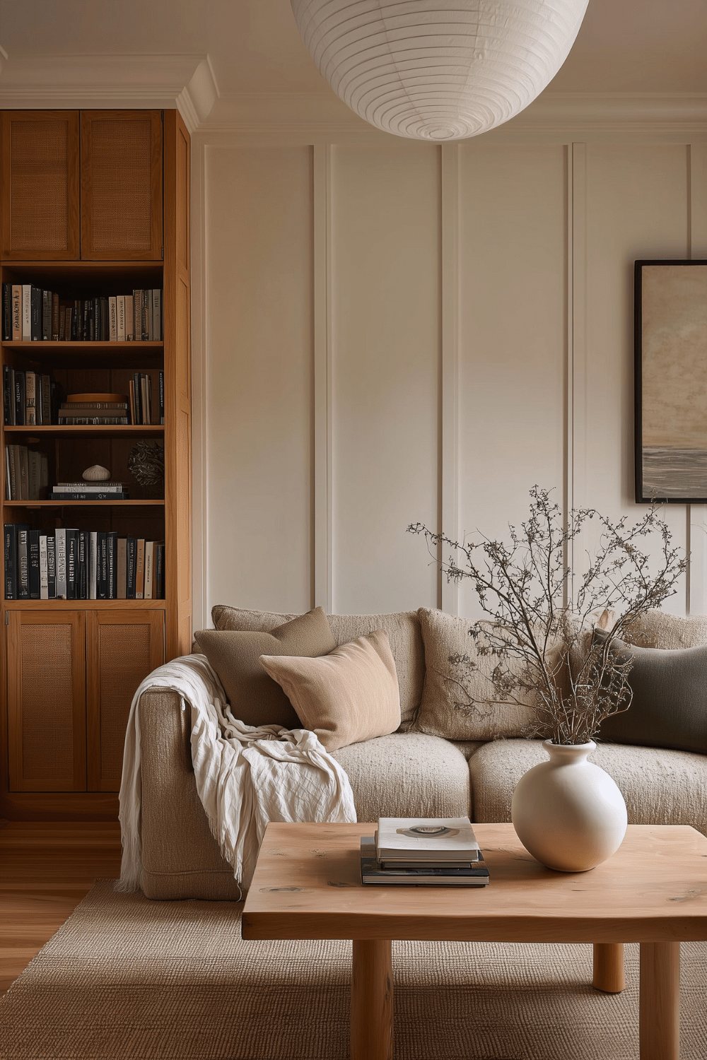 Minimalist Japandi Living Room with Light Wood Bookshelf — Winter Home Decor