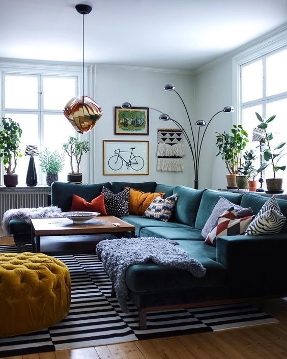 Bohemian Living Room with Teal Sectional and Colorful Pillows — Winter Home Decor