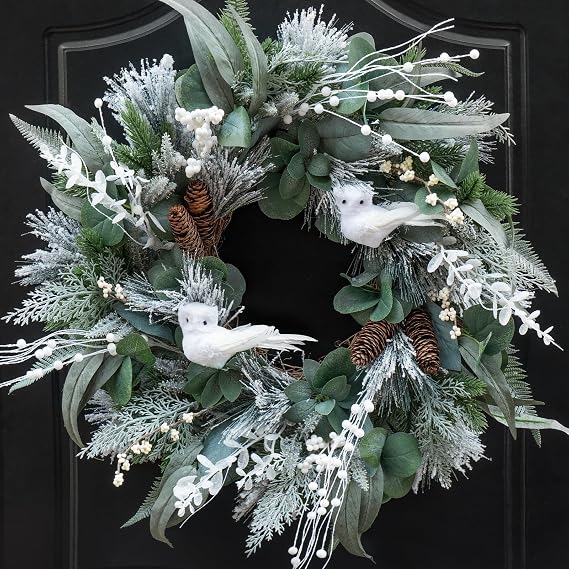 Natural Wreath with Frosted Greenery and Owl Accents — Winter Front Door Decor
