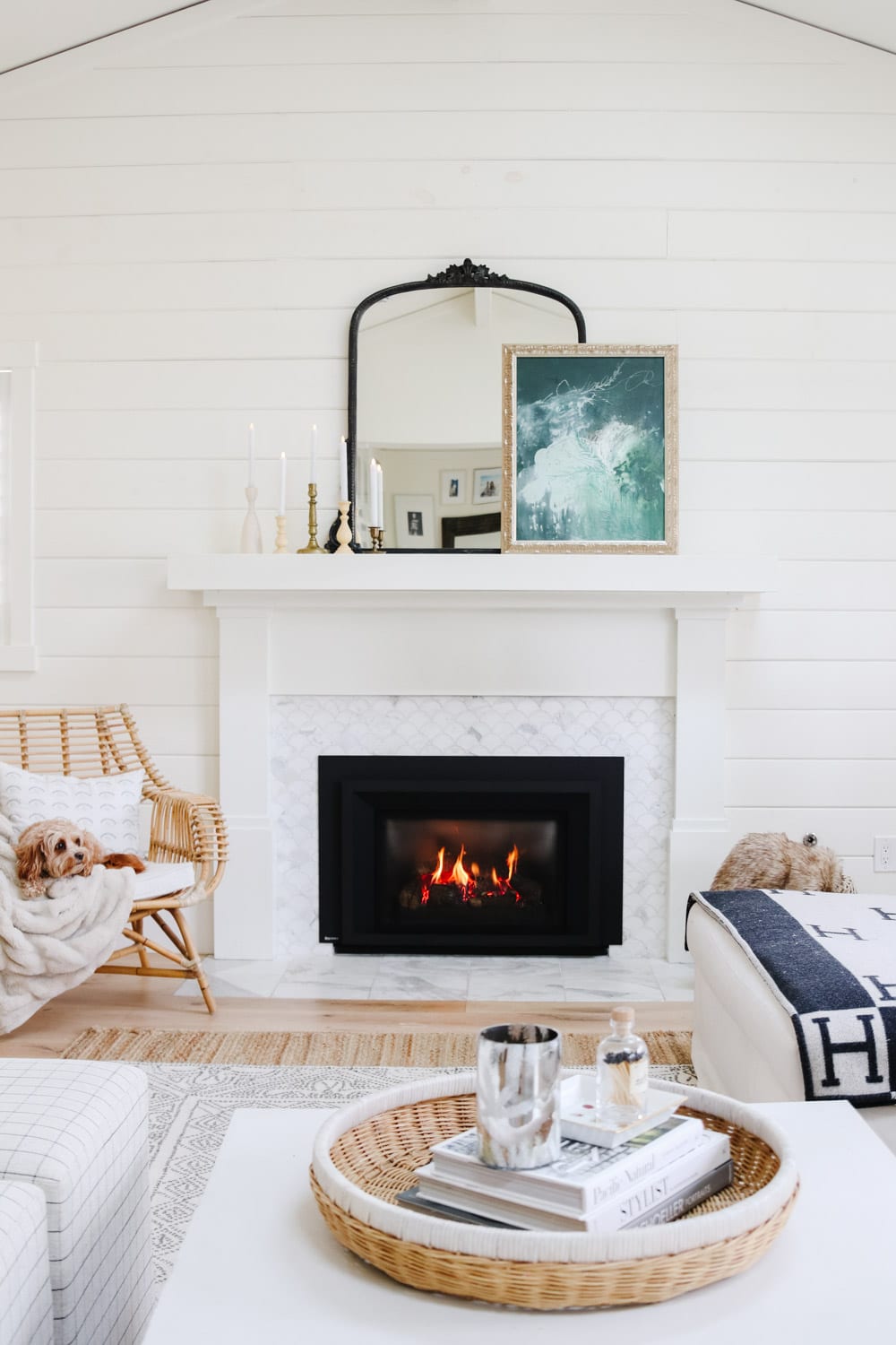 Modern Farmhouse Living Room with Glowing Gas Fireplace — Winter Home Decor