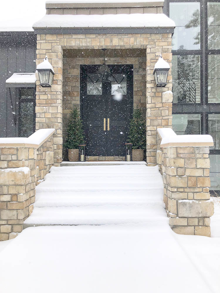 Grand Modern Entrance with Potted Pines and Snow Grand Modern Entrance with Potted Pines and Snow — Winter Porch Decor
