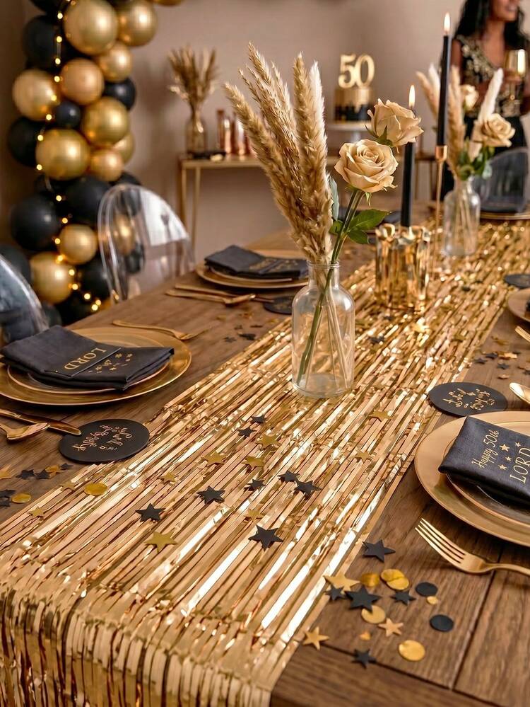 Shimmering Gold Fringe Table Runner for a Festive Dining Table — Gold New Years Eve Decor