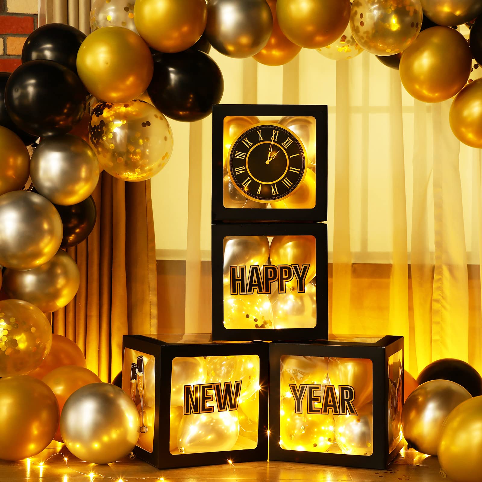 Illuminated 'Happy New Year' Boxes with Gold Balloon Accents — Gold New Years Eve Decor