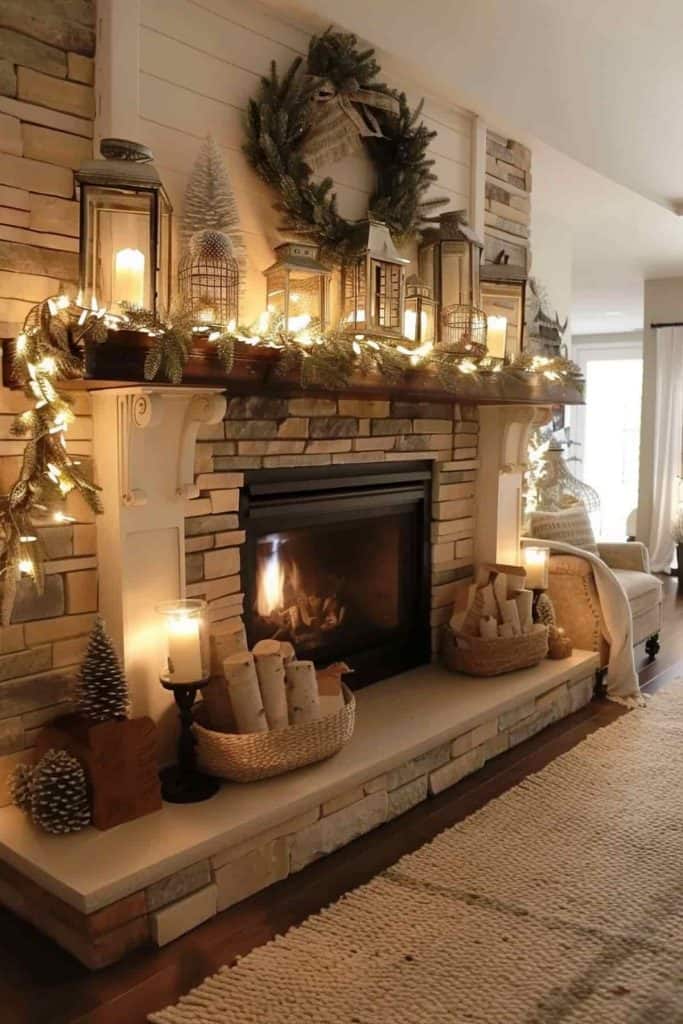 Farmhouse Mantel with Lanterns, Wreath, and Candles — Winter Mantel Decor