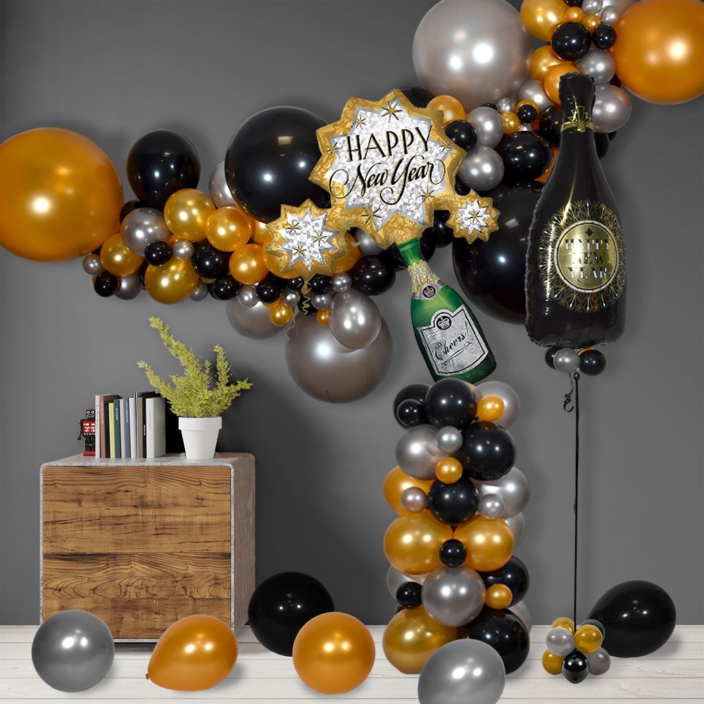 Black, Gold, and Silver Balloon Garland and Column with Champagne Bottle — New Years Eve Balloon Garland