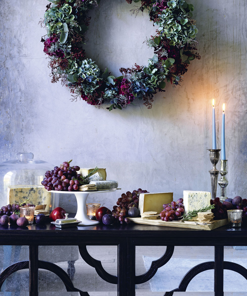 Elegant Console Table with Festive Cheese Board and Wreath — New Years Eve Party Decor