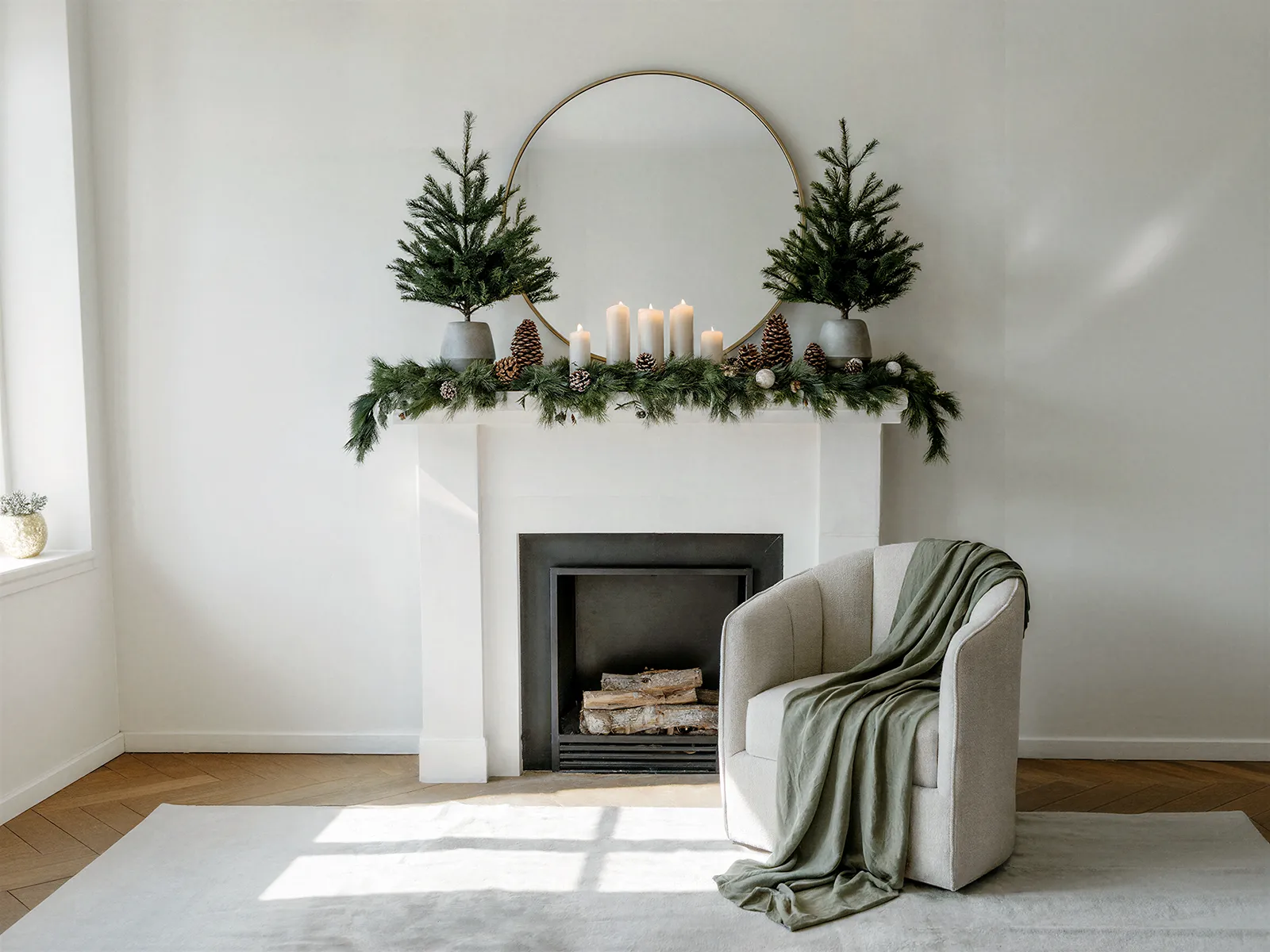 Modern Minimalist Mantel with Evergreen Trees and Pinecones — Winter Mantel Decor