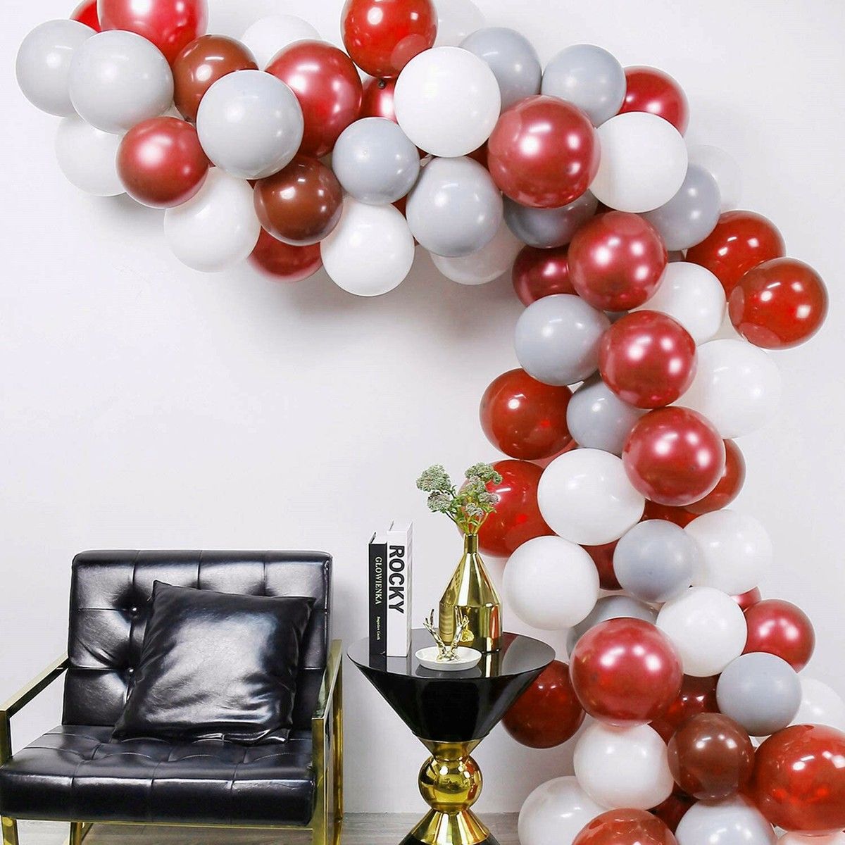 Red, White, and Grey Balloon Garland in Modern Living Room — New Years Eve Balloon Garland