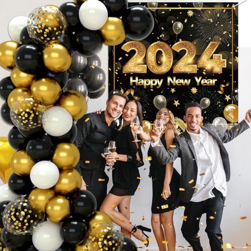 Black, Gold, and White Balloon Garland Framing '2024' Banner — New Years Eve Balloon Garland