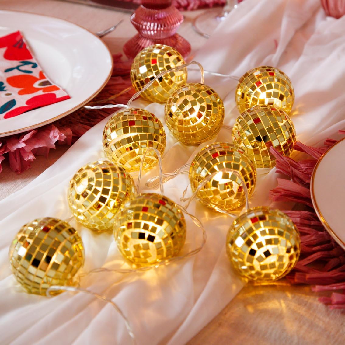 Miniature Gold Disco Ball String Lights for a Glamorous Table Setting — Gold New Years Eve Decor