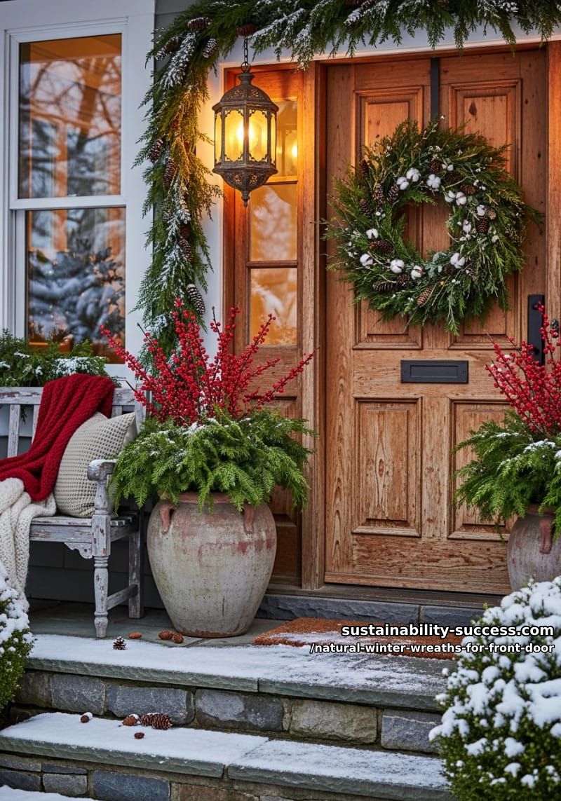 Natural Winter Wreath with Berries and Cozy Bench — Winter Front Door Decor