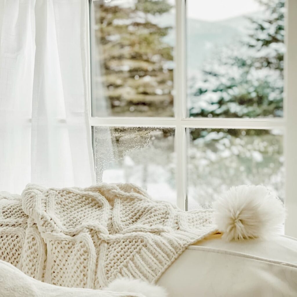 Cozy Hygge Scene with Chunky Knit Throw Blanket — Winter Home Decor