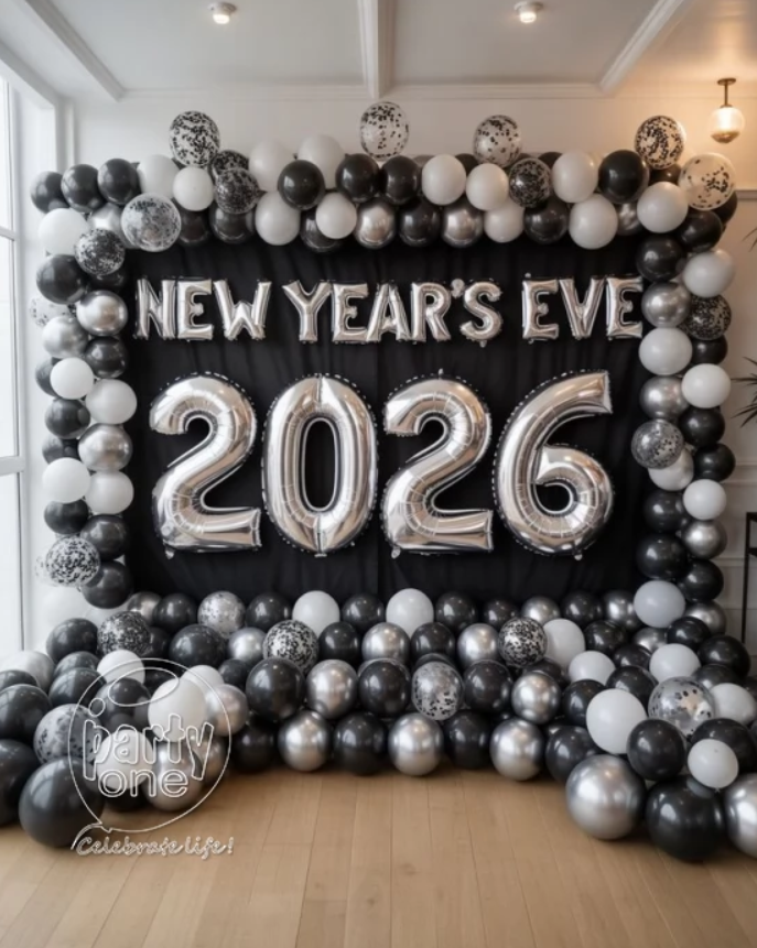 Modern Balloon Arch with Silver '2026' Foil Numbers — New Years Eve Party Decor