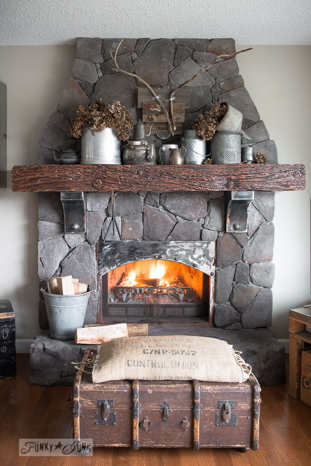 Rustic Mantel with Vintage Containers and Dried Botanicals — Winter Mantel Decor
