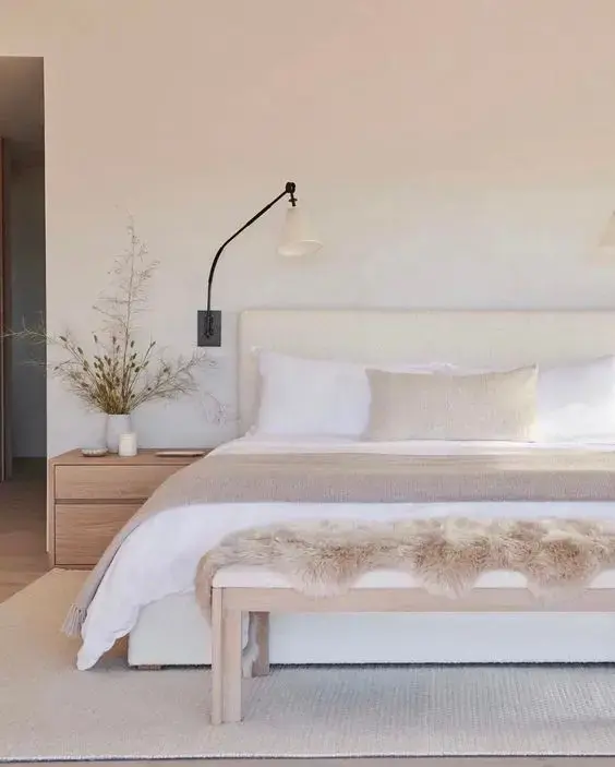 Minimalist Scandinavian Bedroom with Sheepskin Throw — Hygge Home Decor