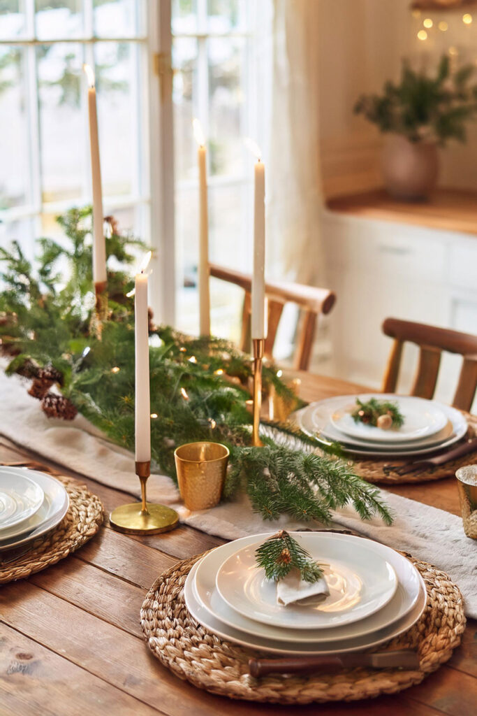 Rustic Dining Table Set with Pine Garland Centerpiece — Winter Home Decor