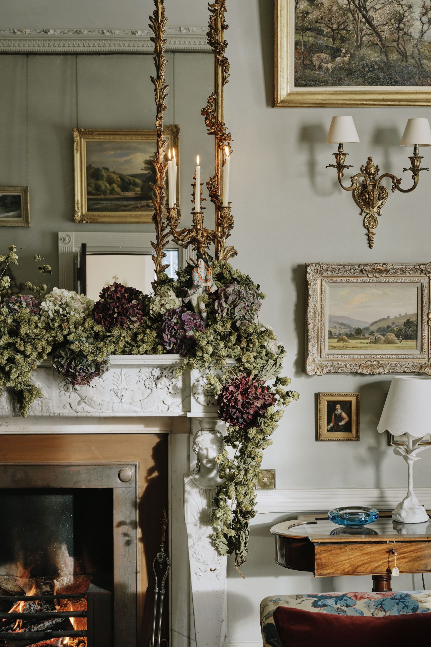 Grand Mantel with Voluminous Dried Flowers and Winter Greenery — Winter Mantel Decor