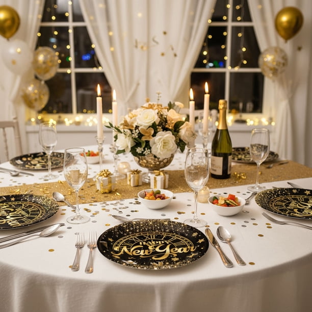 Gold 'Happy New Year' Plates and Confetti for a Celebratory Table — Gold New Years Eve Decor