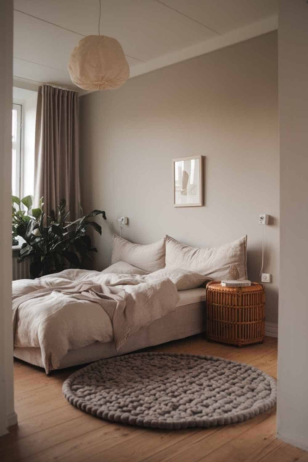 Cozy Bedroom with Layered Bedding and Rattan Accents — Hygge Home Decor