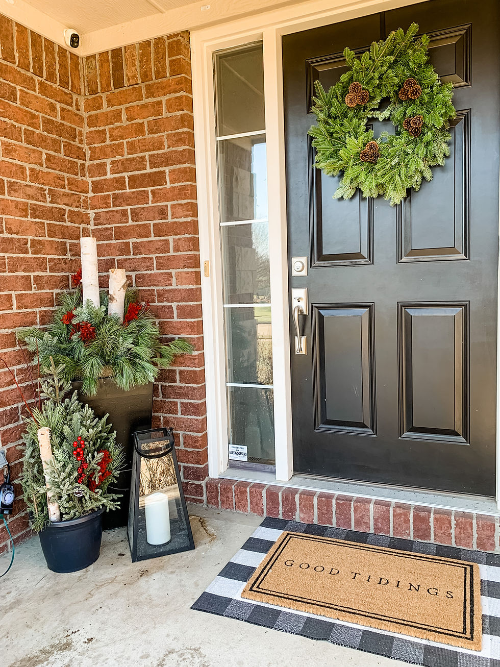 Modern Farmhouse with Pine Wreath and Lantern — Winter Front Door Decor