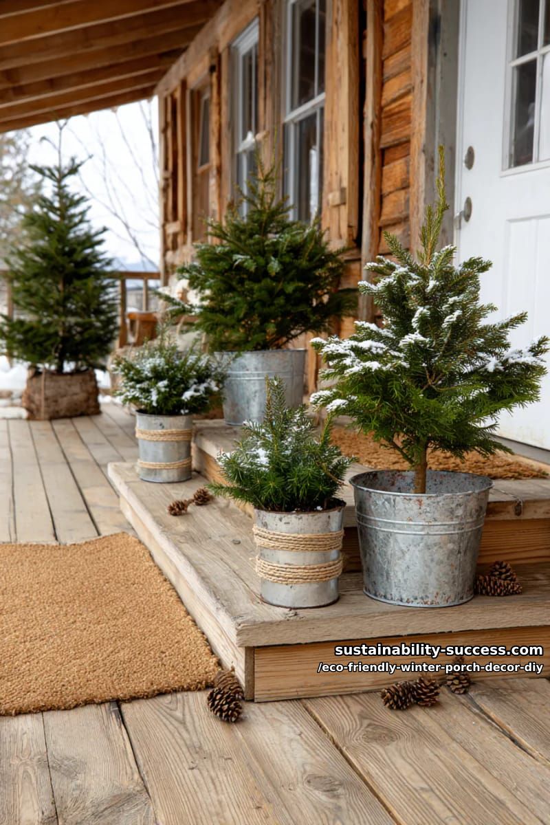 Rustic Porch Steps Lined with Potted Fir Trees Rustic Porch Steps Lined with Potted Fir Trees — Winter Porch Decor