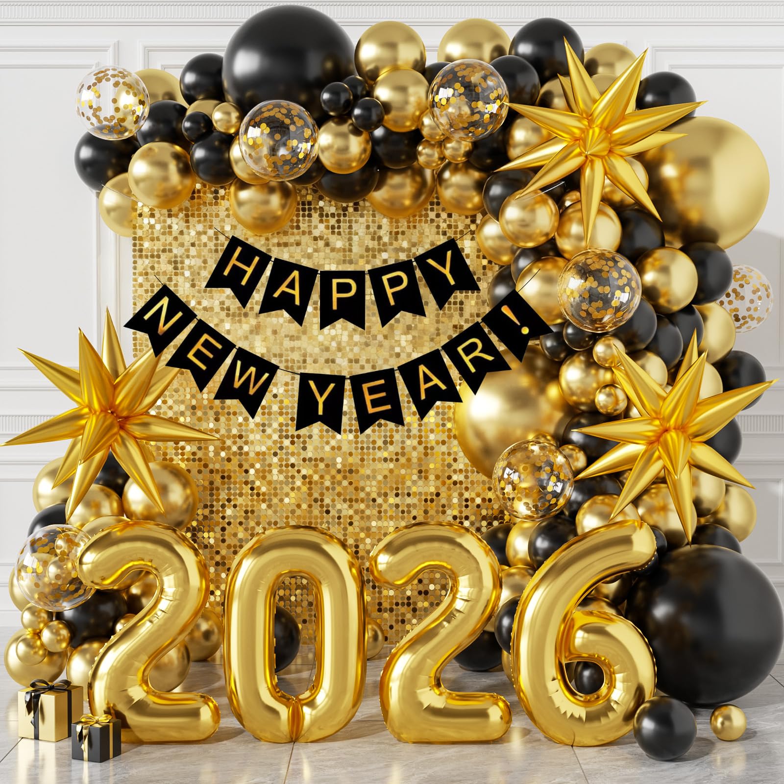 Dynamic Gold '2026' Balloons and Sequin Wall for a Party Backdrop — Gold New Years Eve Decor