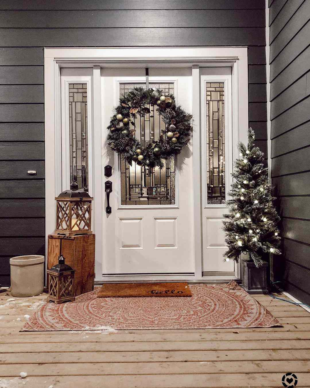 Ornament-Adorned Pine Wreath and Small Lit Tree — Winter Front Door Decor