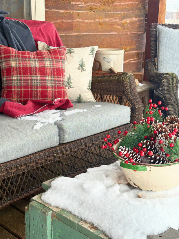Cozy Farmhouse Seating with Plaid and Faux Snow Cozy Farmhouse Seating with Plaid and Faux Snow — Winter Porch Decor