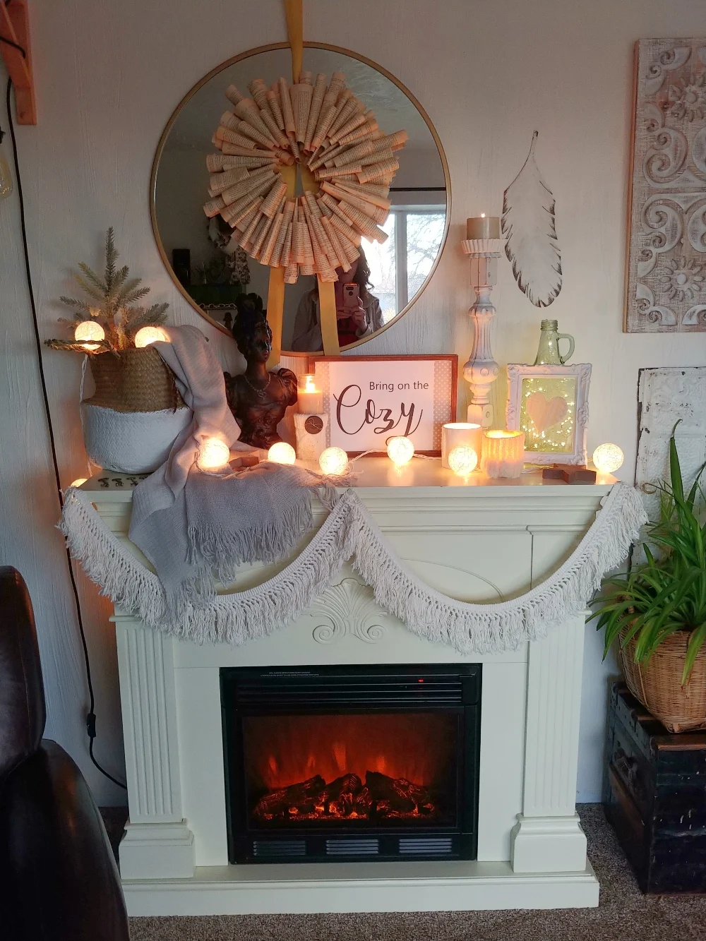 Eclectic Mantel with Macrame Garland and Fairy Lights — Winter Mantel Decor