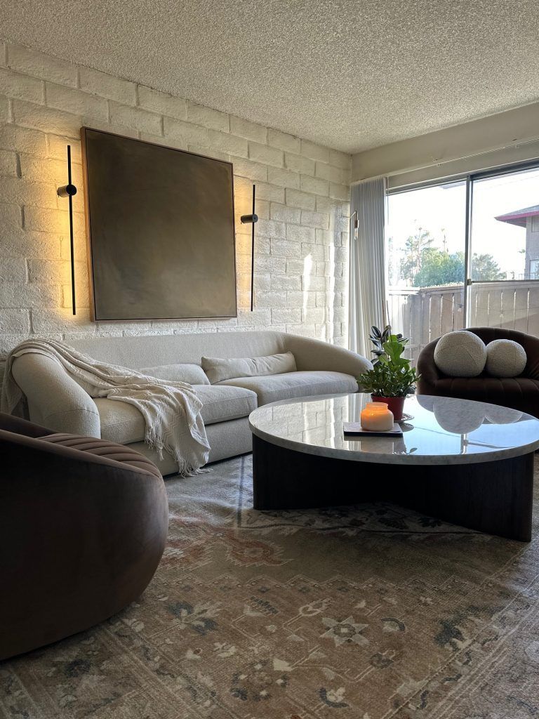 Modern Hygge Living with Bouclé Sofa and Marble Table — Hygge Home Decor