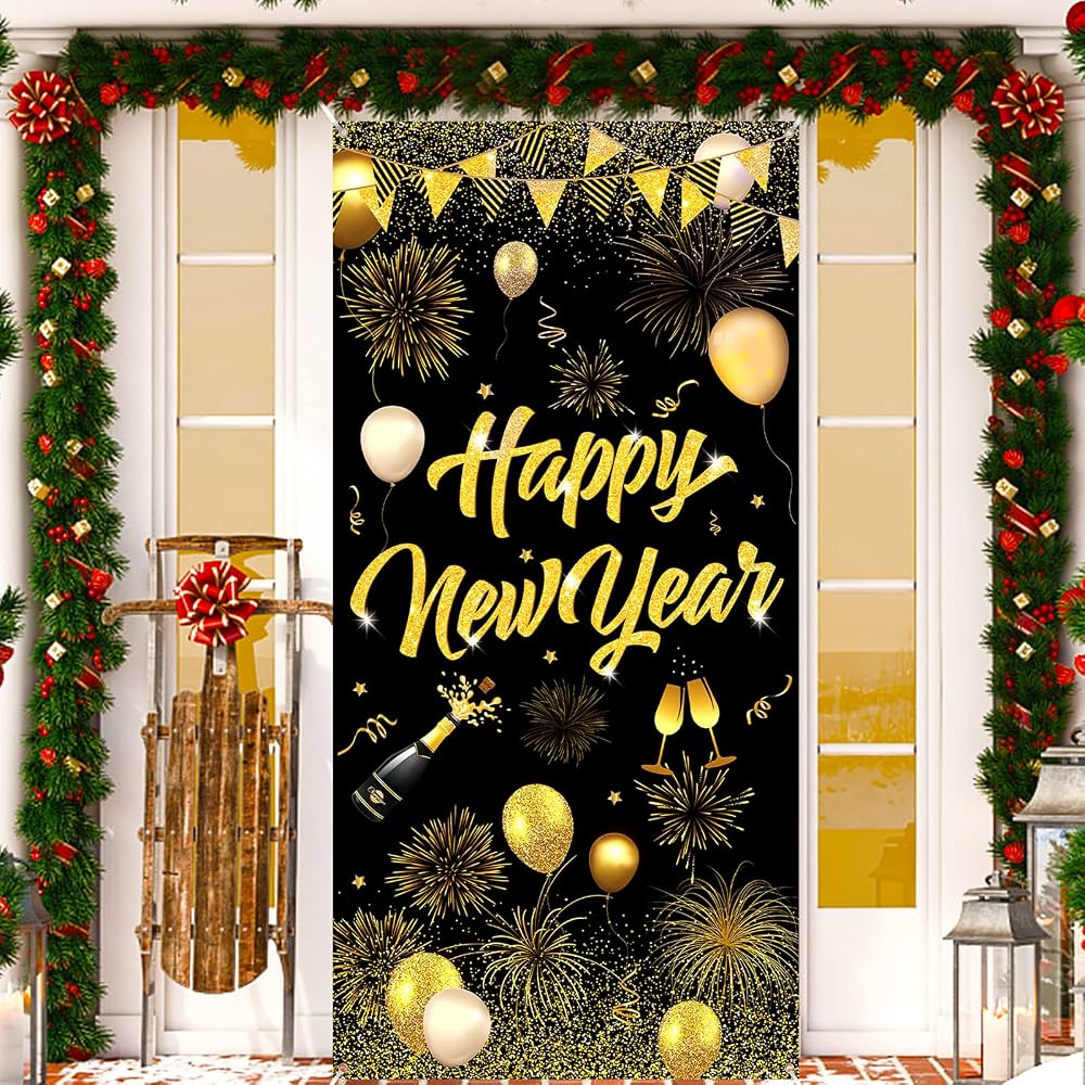 Festive Doorway Decor with a 'Happy New Year' Banner and Garland — New Years Eve Party 2027