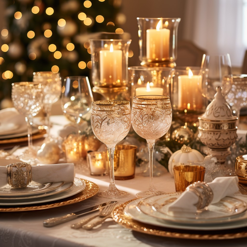 Sophisticated Gold-Rimmed Glassware and Candle Holders for a Dining Room — Gold New Years Eve Decor