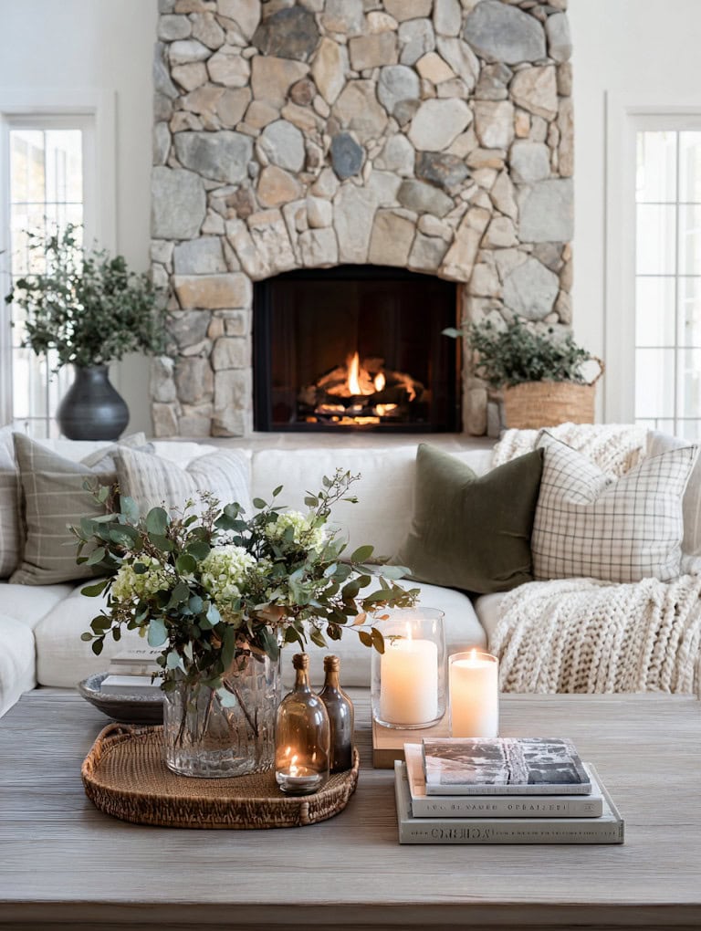 Farmhouse Living Room with Stone Fireplace and Floral Arrangement — Winter Home Decor