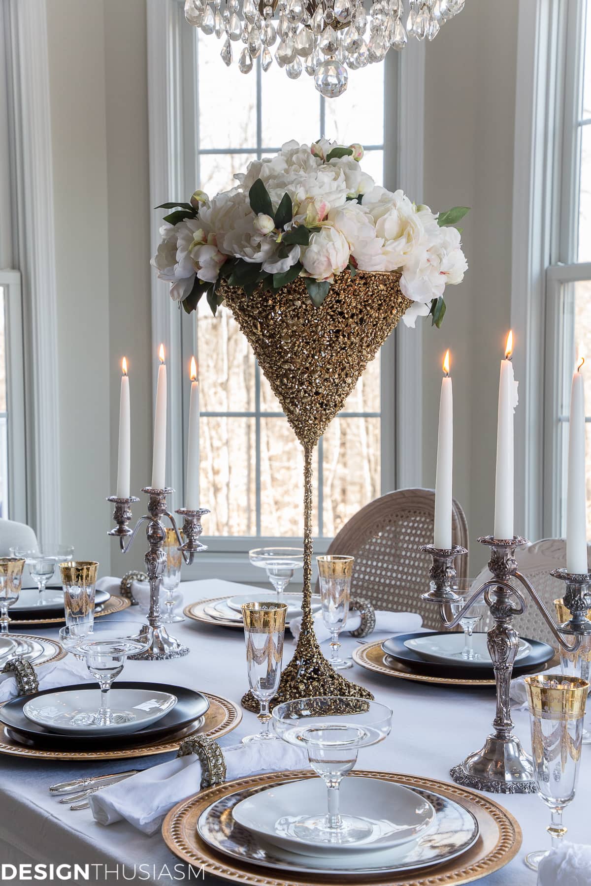Oversized Martini Glass Centerpiece with White Peonies — New Years Eve Party Decor
