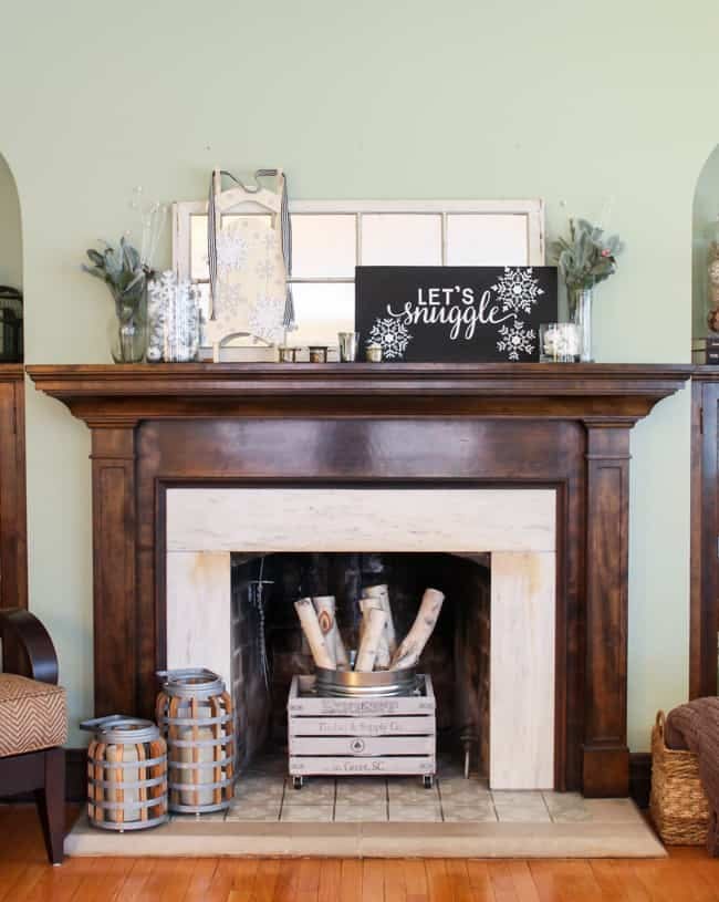 Traditional Dark Wood Mantel with 'Let's Snuggle' Sign and Lanterns — Winter Mantel Decor