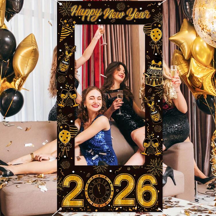 Black and Gold Photo Booth Frame with '2026' Numbers — New Years Eve Party Decor