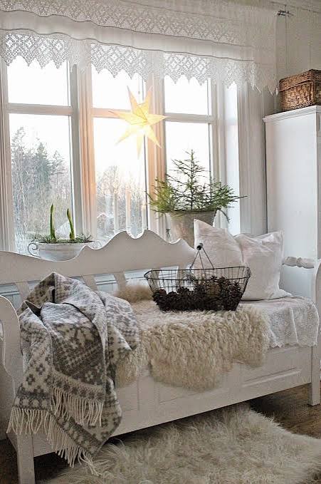 Rustic Daybed with Sheepskin Rug and Star Lantern — Winter Home Decor