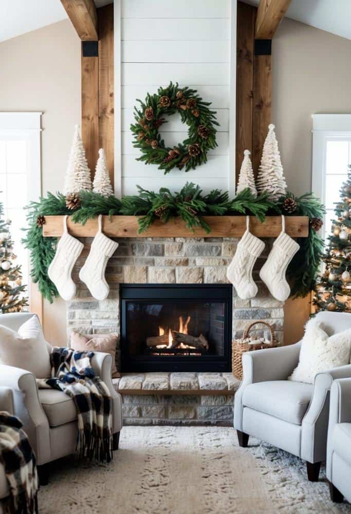 Farmhouse Mantel with Greenery, Stockings, and Flocked Trees — Winter Mantel Decor
