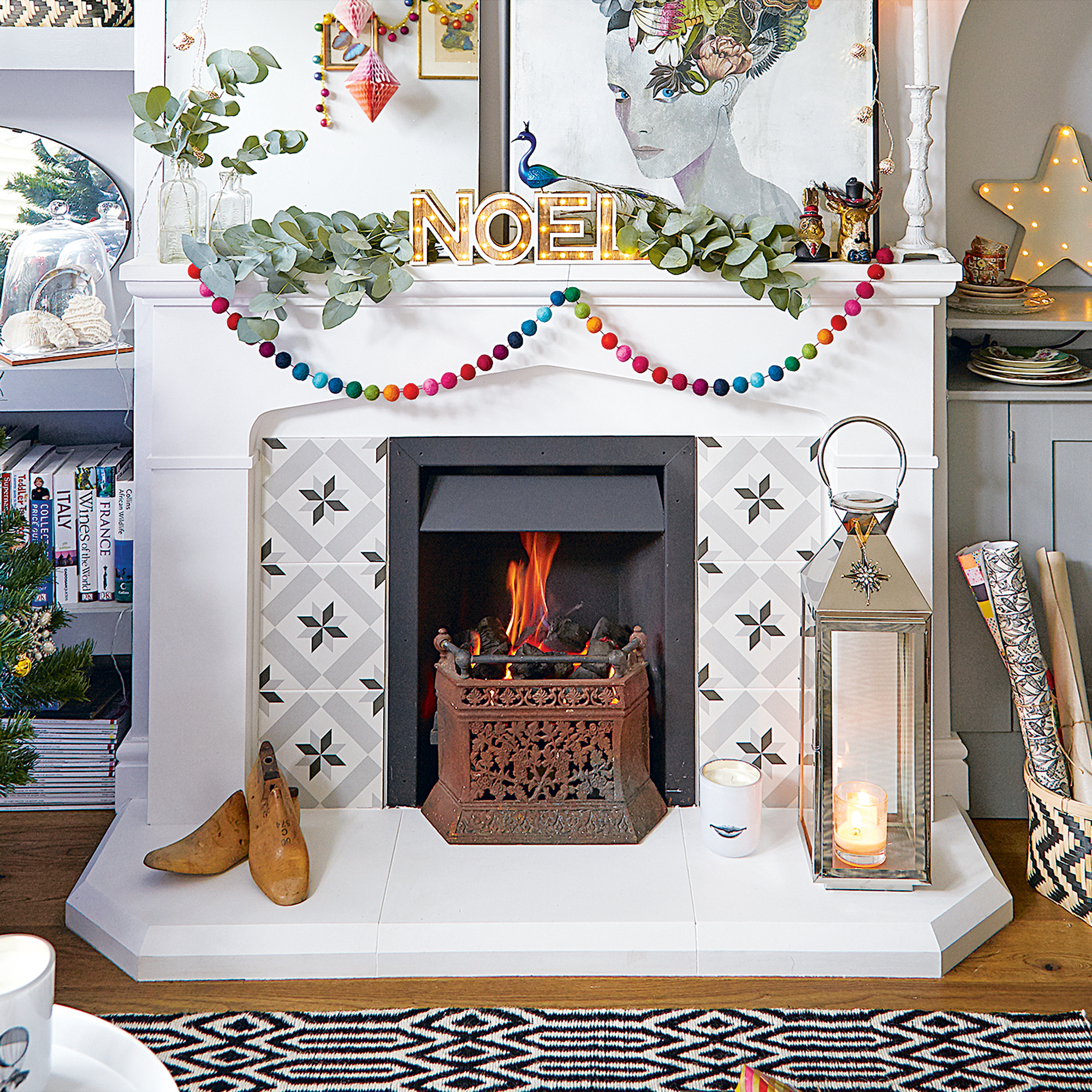 Modern White Mantel with Eucalyptus Garland and 'NOEL' Sign — Winter Mantel Decor