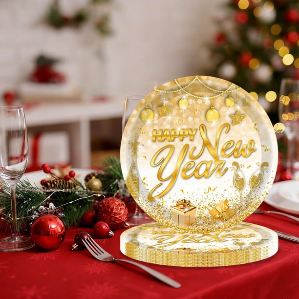 Gold 'Happy New Year' Paper Plates with Star and Confetti Motifs — Gold New Years Eve Decor