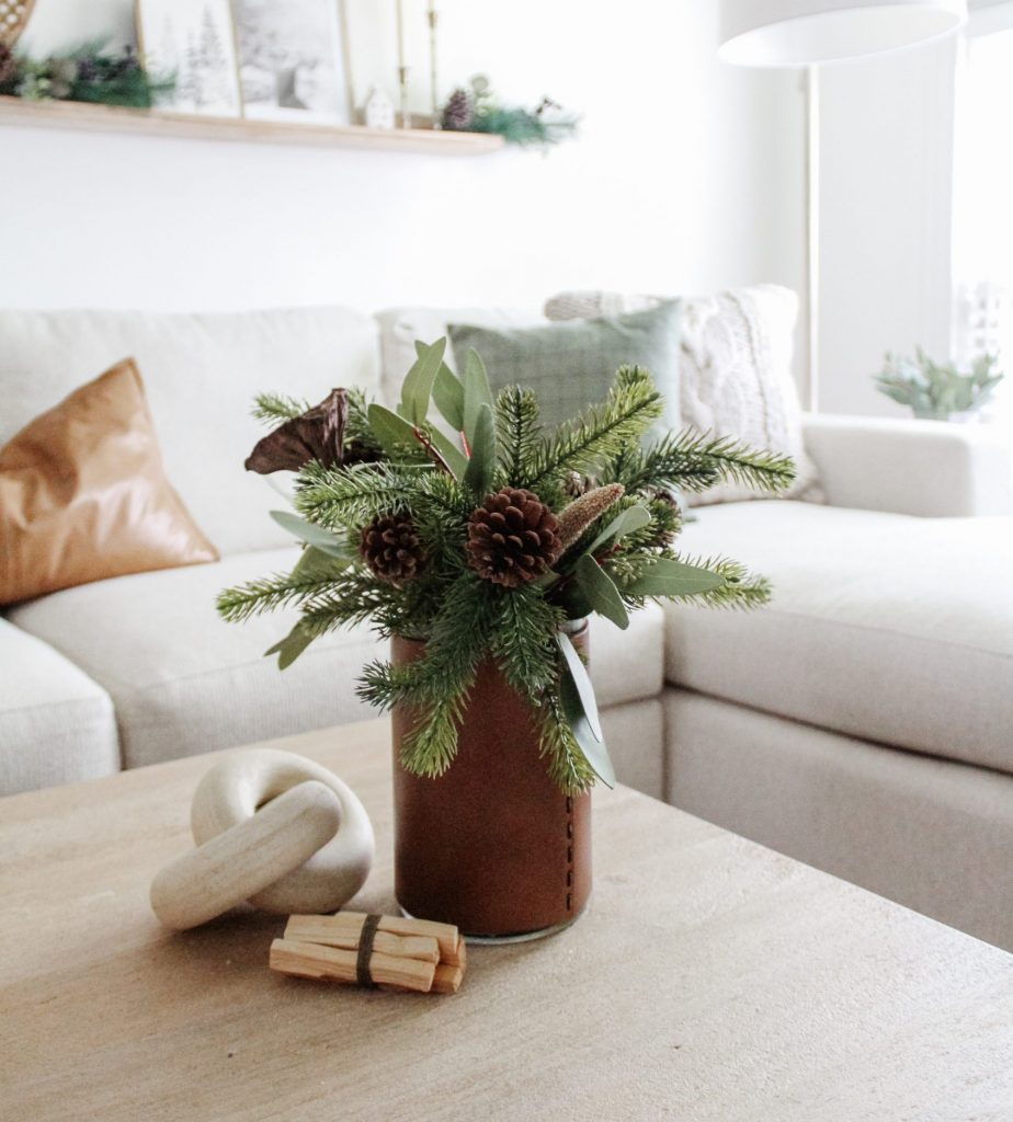 Modern Living Room Vignette with Winter Greenery Arrangement — Winter Home Decor