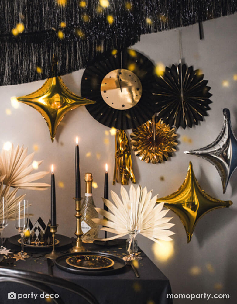 Dynamic Wall Decor with Starburst Balloons and Clock Face — New Years Eve Party Decor