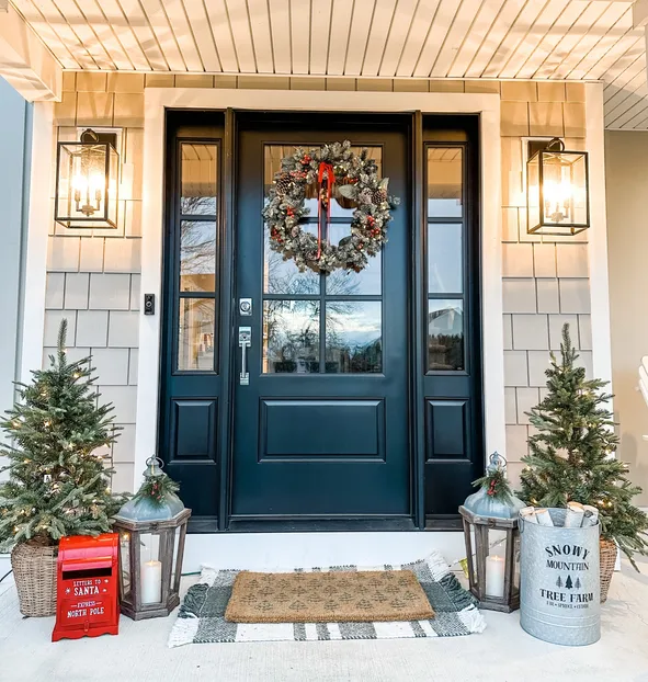 Classic Porch with Detailed Wreath and Mini Trees — Winter Front Door Decor
