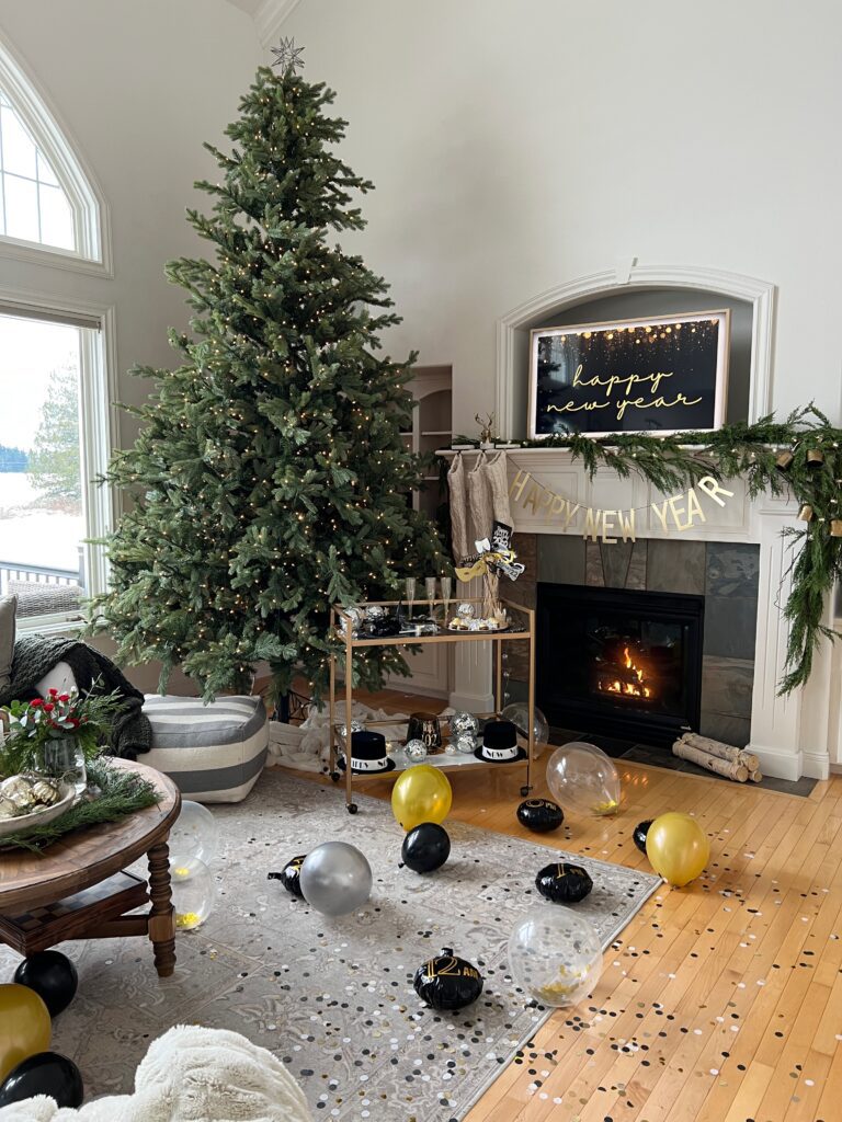 Modern Festive Living Room with Fireplace, Bar Cart, and Christmas Tree — New Years Eve Party 2027