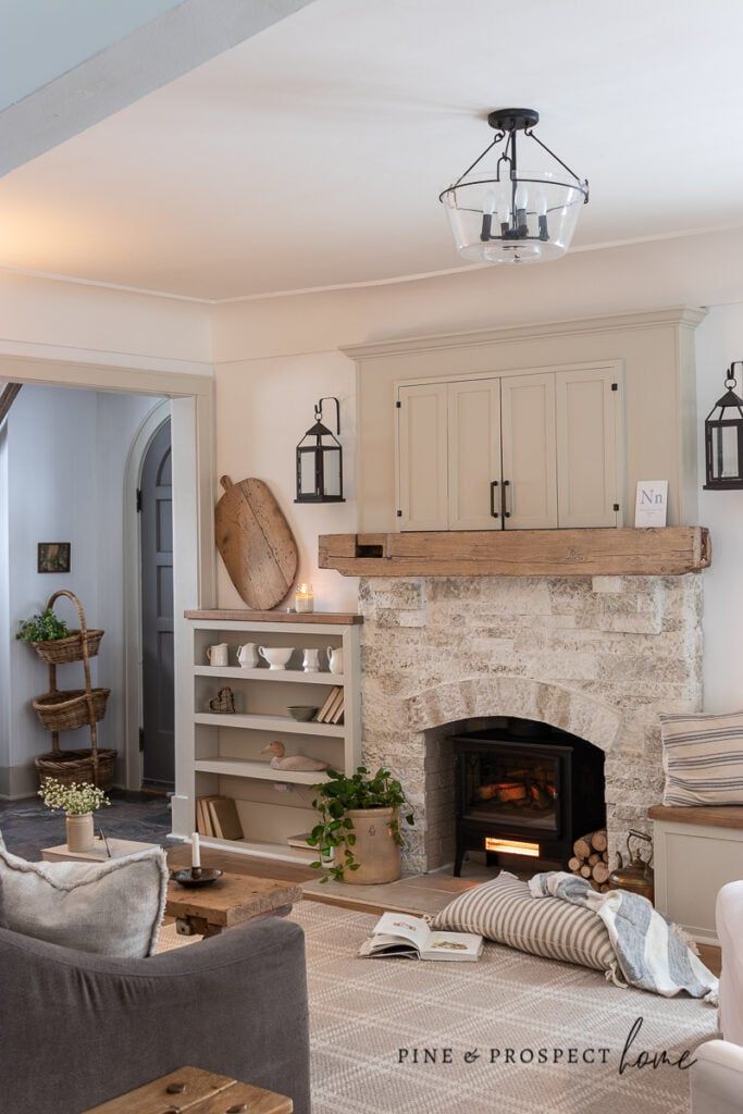 Farmhouse Hygge Living with Stone Fireplace and Built-ins — Hygge Home Decor