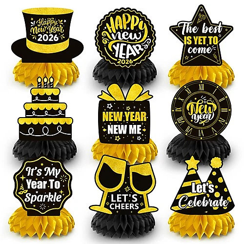 Gold and Black Honeycomb Centerpieces with Festive 'Happy New Year' Messages — Gold New Years Eve Decor