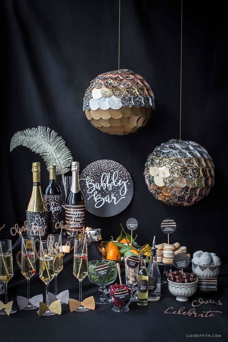 Elegant 'Bubbly Bar' Setup with Decorative Orbs — New Years Eve Party Decor