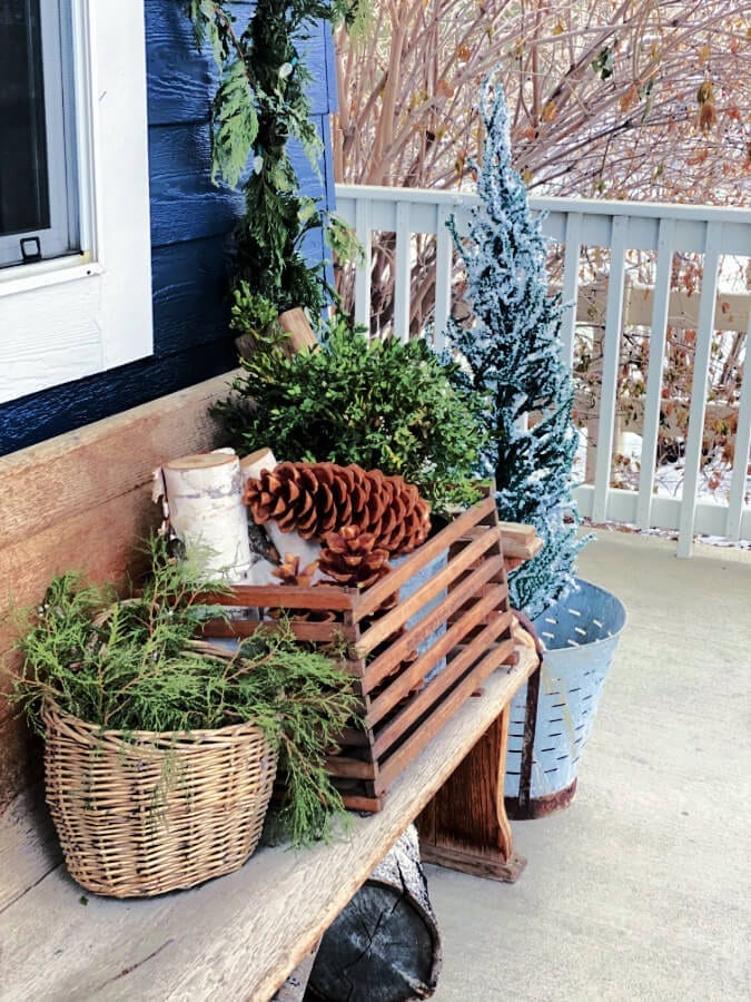 Rustic Vignette with Greenery, Pinecones, and Birch Rustic Vignette with Greenery, Pinecones, and Birch — Winter Porch Decor