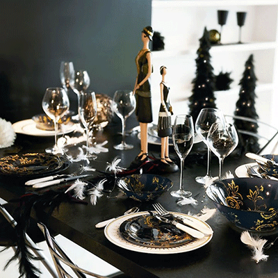 Traditional Table Setting with Brass Candlesticks and Vintage Clock — New Years Eve Party Decor